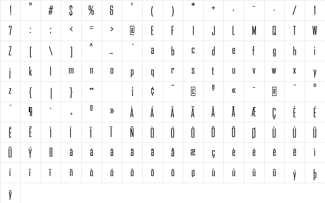 AgencyFB Regular Cond Regular  glyph index