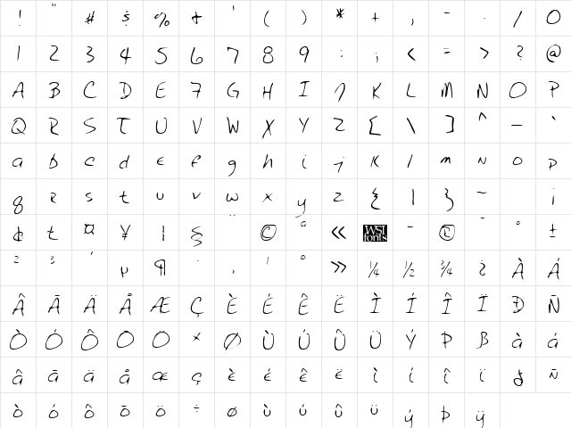 QuentinsHand Regular  glyph index