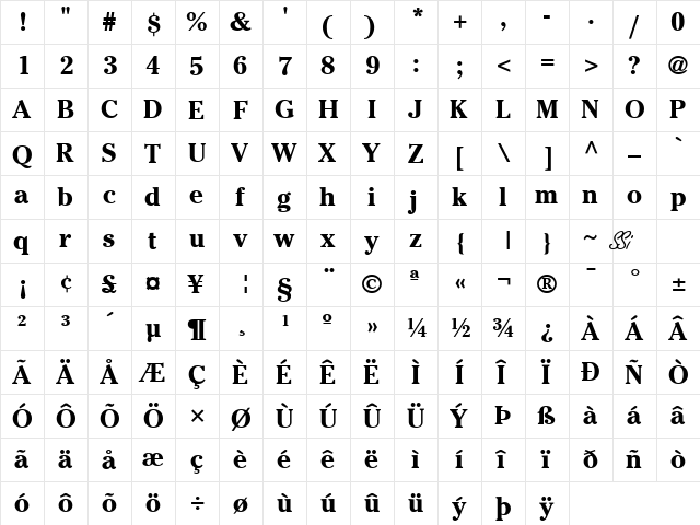 Cheltenham SSi Bold  glyph index
