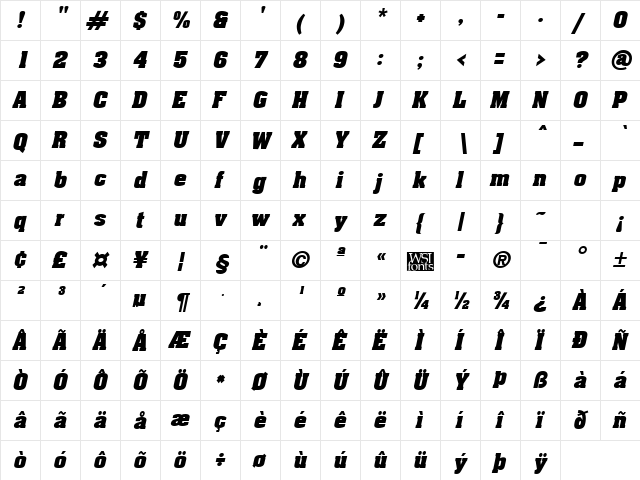 Acklin Italic  glyph index