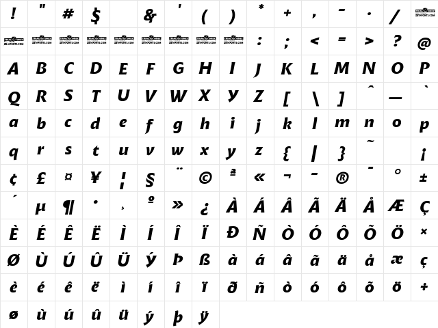 Malik Trial Bold Italic  glyph index