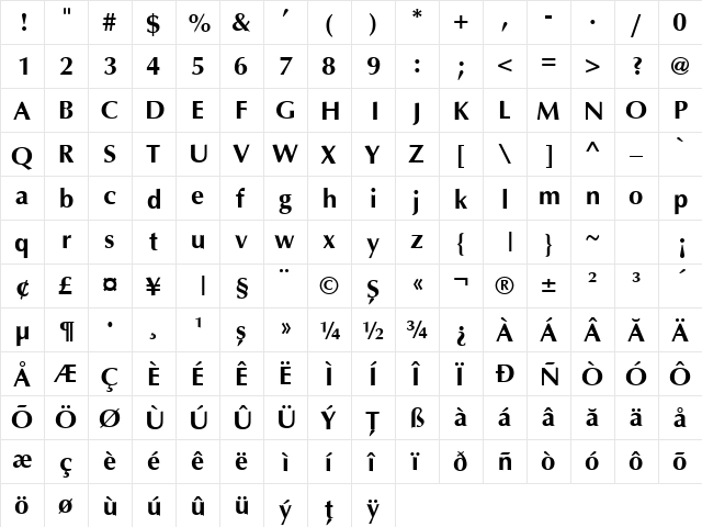 Ottawa Rom Bold  glyph index