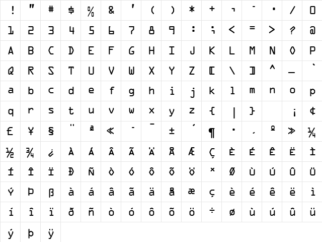 OcrA Regular  glyph index