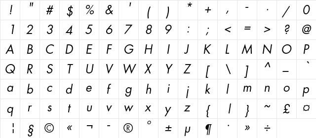 FavoritBookC Italic  glyph index