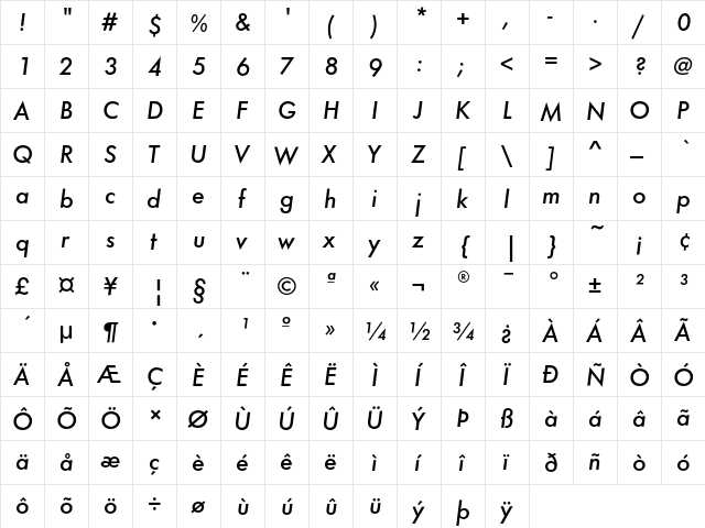 FuturaEF MediumObl  glyph index