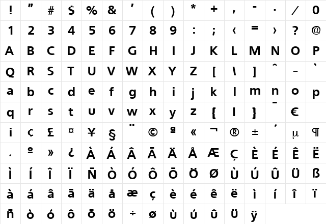 Quebec-Bold Regular  glyph index