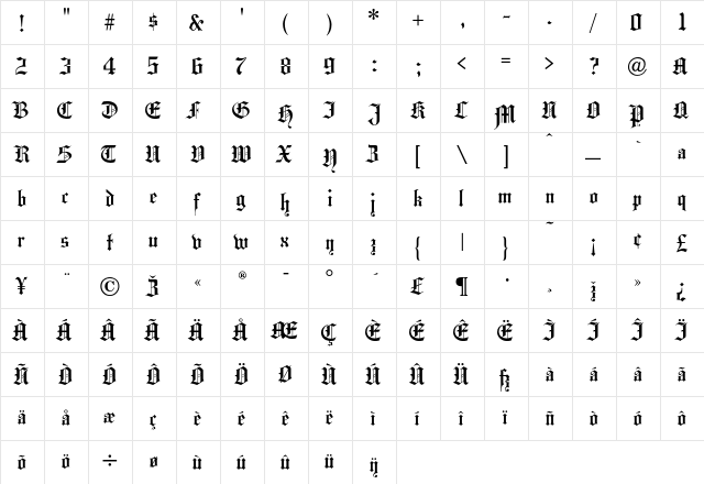 HansaGothic Regular  glyph index
