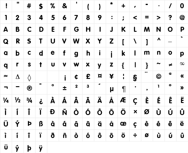 Vag DB Bold  glyph index