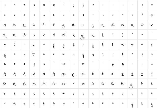 Beautiful Mess Regular  glyph index