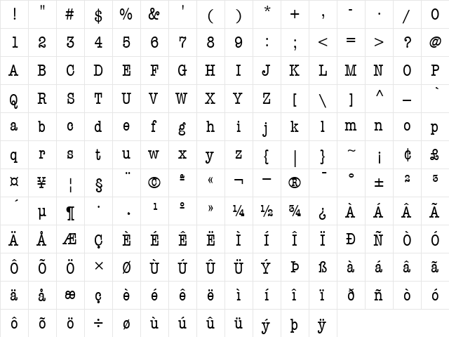 ITCAmericanTypewriter-Condensed Roman  glyph index