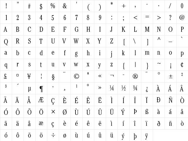 ITCCheltenham LT LightCond Regular  glyph index