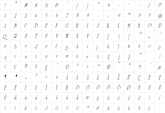 UniversityOrnateCondensed Italic  glyph index