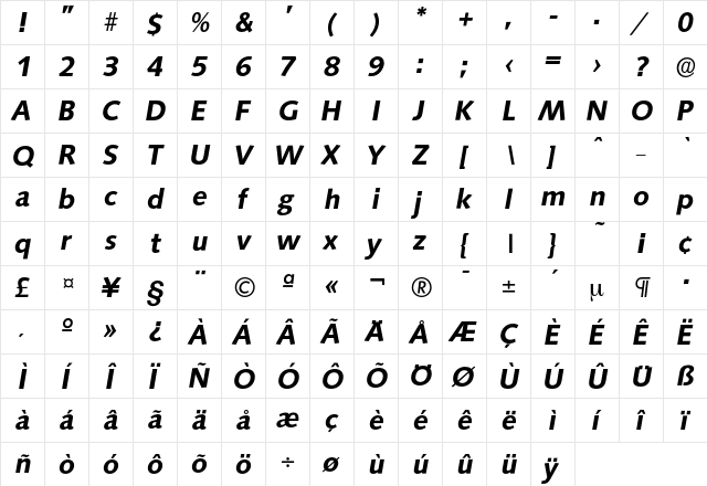 Saxony-DemiBoldIta Regular  glyph index