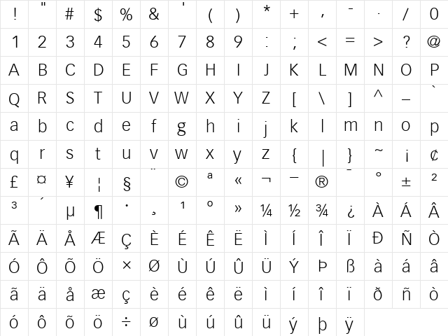 VectoraLH45-Light Light  glyph index
