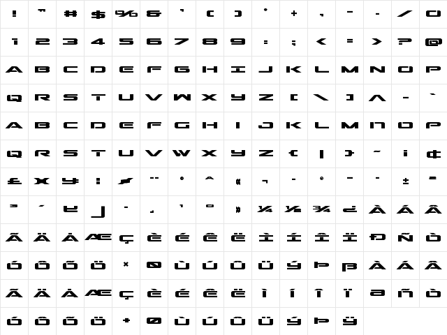 Outrider Bold Bold  glyph index