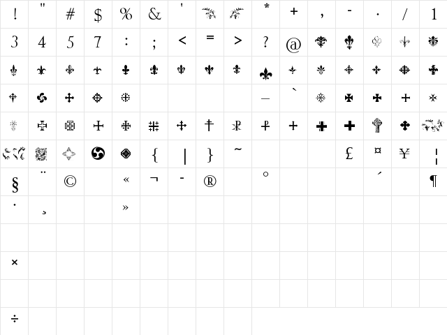 SymbolCrucifix Regular  glyph index