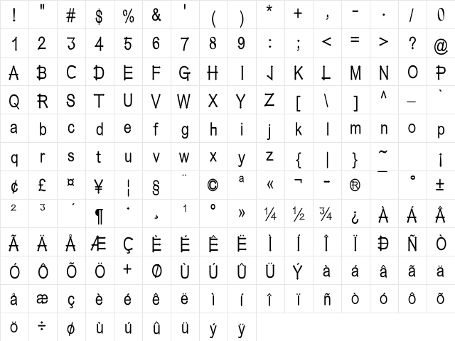 Pointened Regular  glyph index