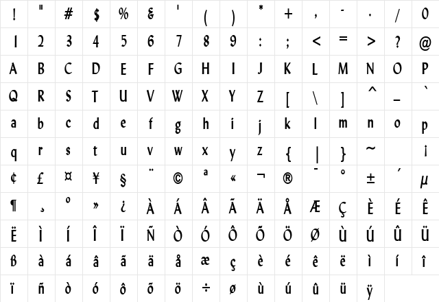 Lynda Thin Bold  glyph index
