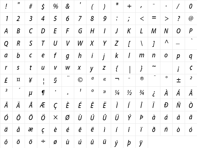 Myriad Web Pro Condensed Italic  glyph index