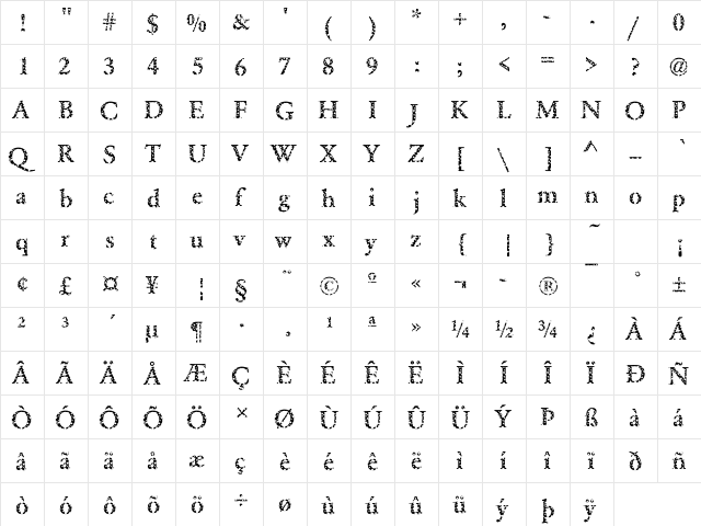 DTCGaramondM33 Regular  glyph index