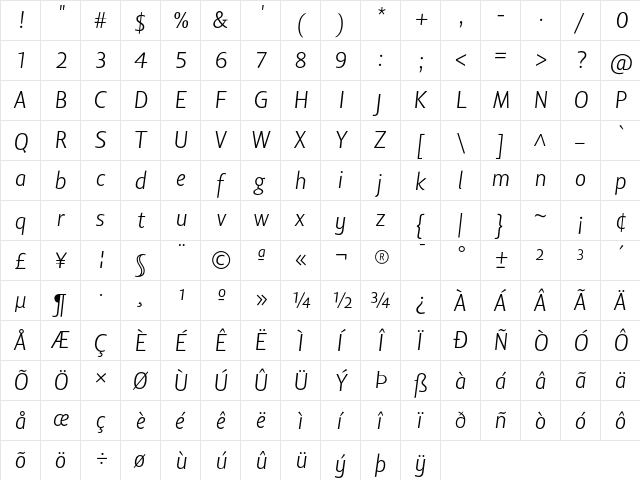 Lisboa Sans LF Light Italic  glyph index