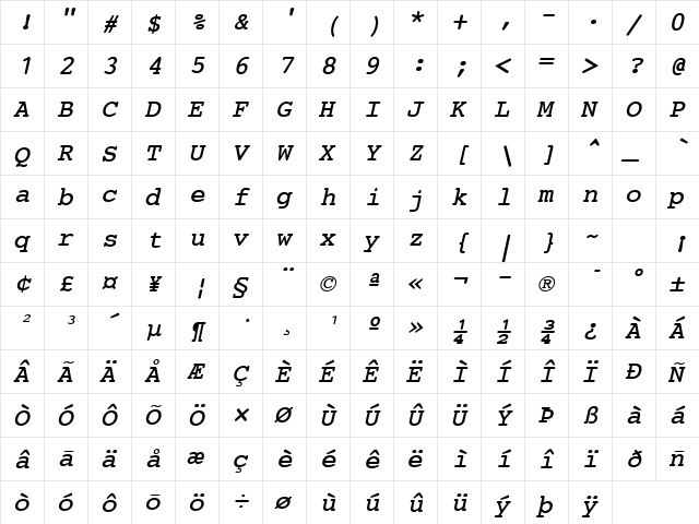 Brougham BoldOblique  glyph index