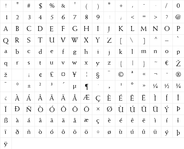 Weiss LT Regular  glyph index