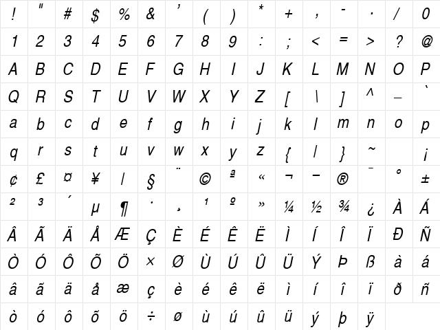 Alps Condensed Italic  glyph index