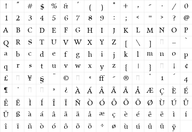 Elysium Book Regular  glyph index