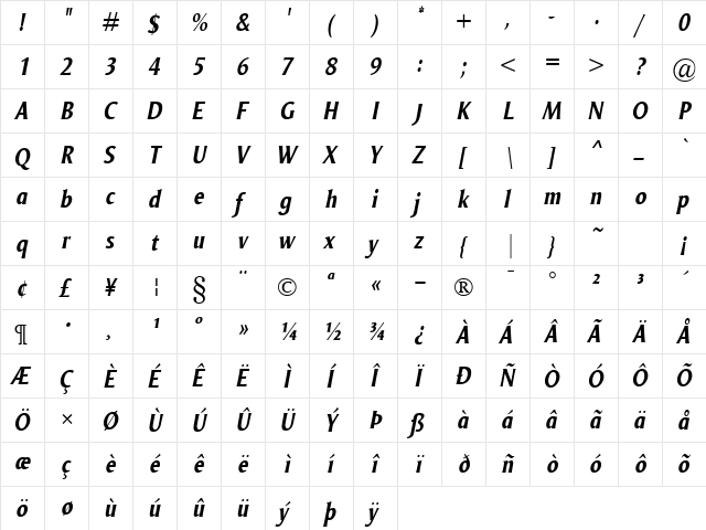 Odense Cond BoldItalic  glyph index