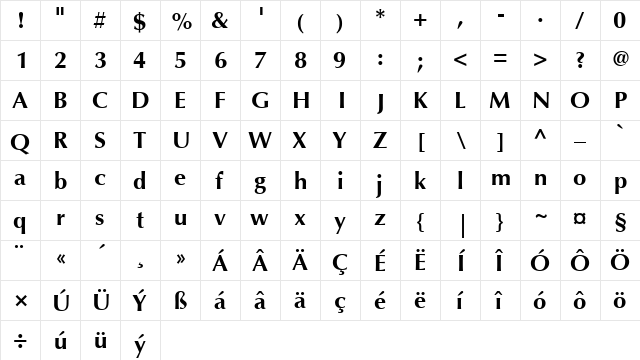 Optima LH Bold  glyph index