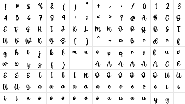 Honey Sheet Regular  glyph index