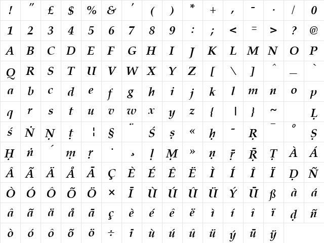 Skt Palermo Bold Italic  glyph index