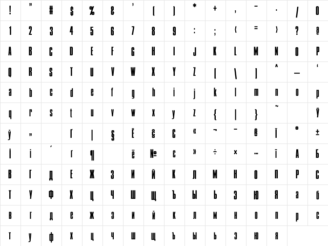 Condens thn Regular  glyph index