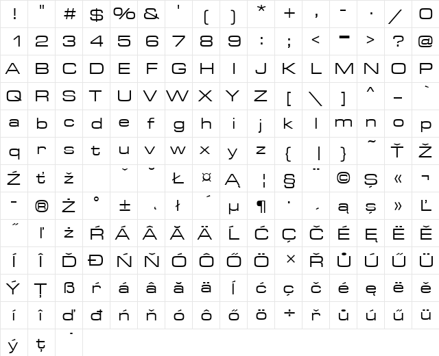 EurostileTEERegExt Regular  glyph index