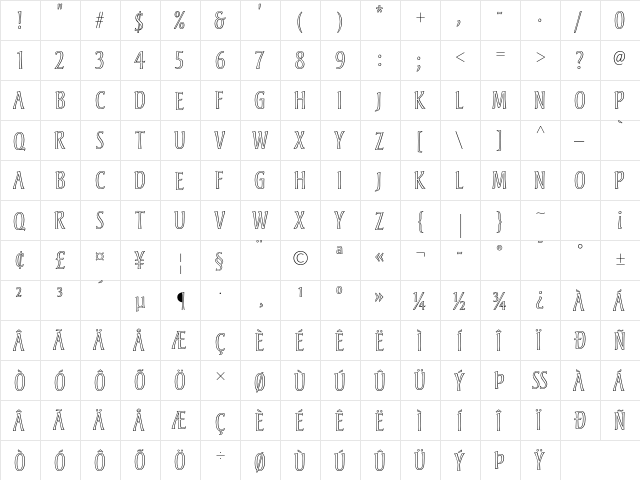 Andreas Std Regular  glyph index