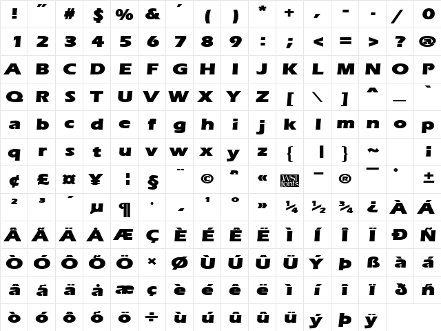 ErgoeMildBlackExpanded Regular  glyph index