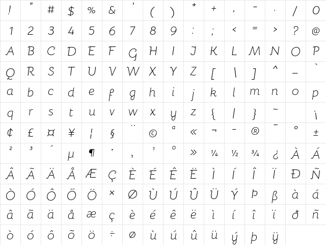 Bellota Light Italic  glyph index
