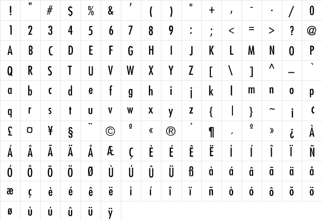 Futura-Condensed-Normal Regular  glyph index