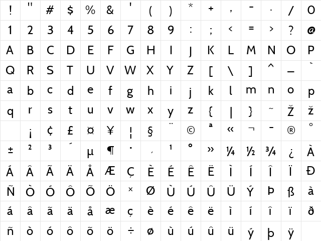 Cabin Regular  glyph index