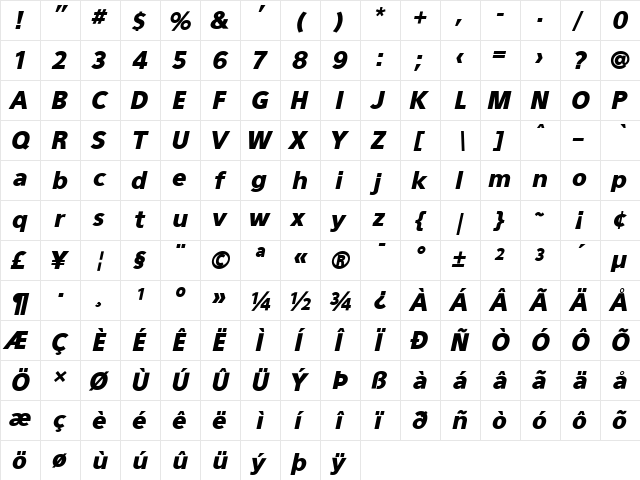 Eau Sans Black Oblique  glyph index