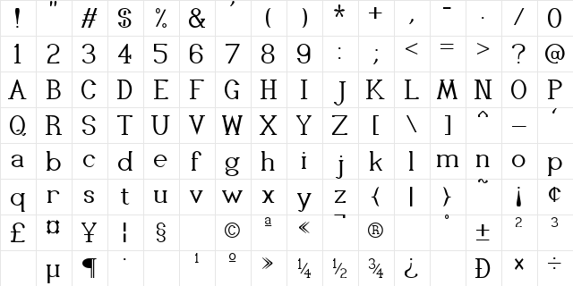 IzzardSerif Regular  glyph index