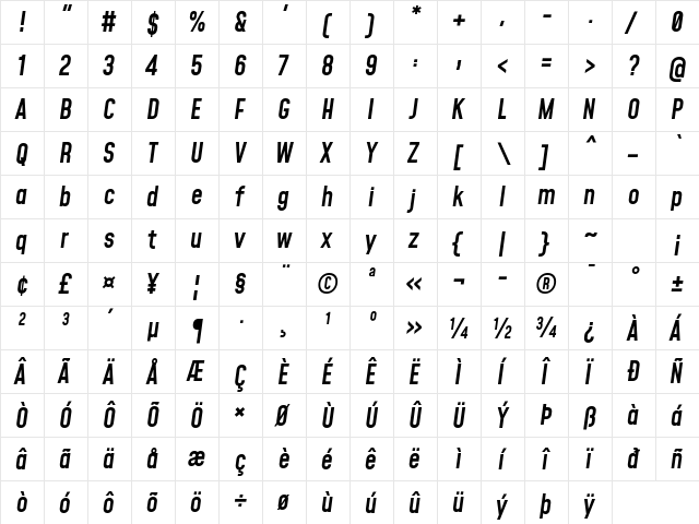 Mohave Medium Italic  glyph index