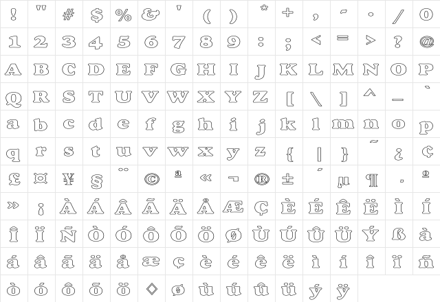 Alexuss Heavy Hollow Wide Regular  glyph index