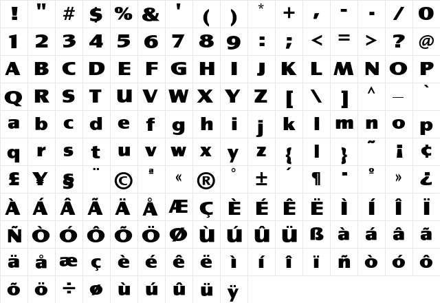 GrangeTF-Black Regular  glyph index