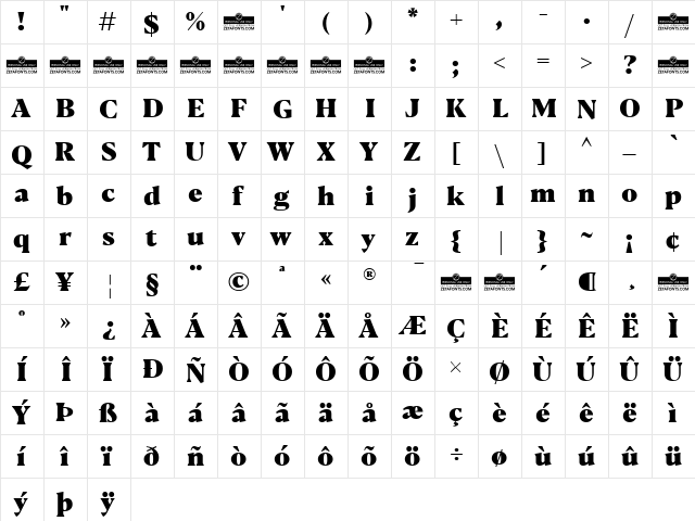 Blacker Text Heavy  glyph index