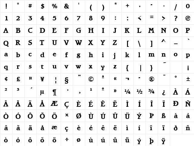 BravoH Bold  glyph index