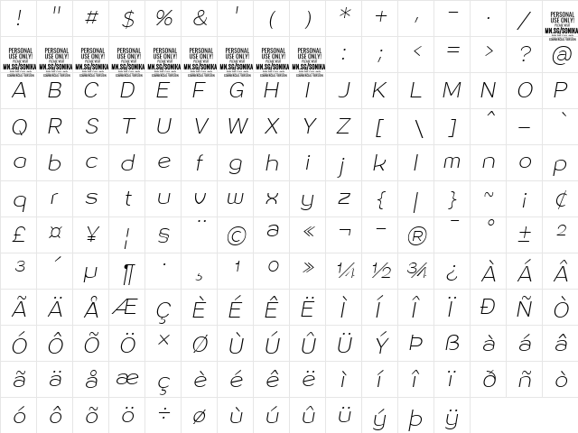 Sonika PERSONAL USE Thin Italic  glyph index