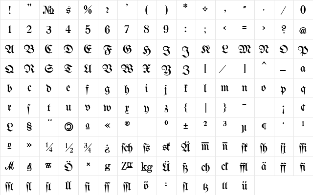 Bertholdr Mainzer Fraktur Regular  glyph index