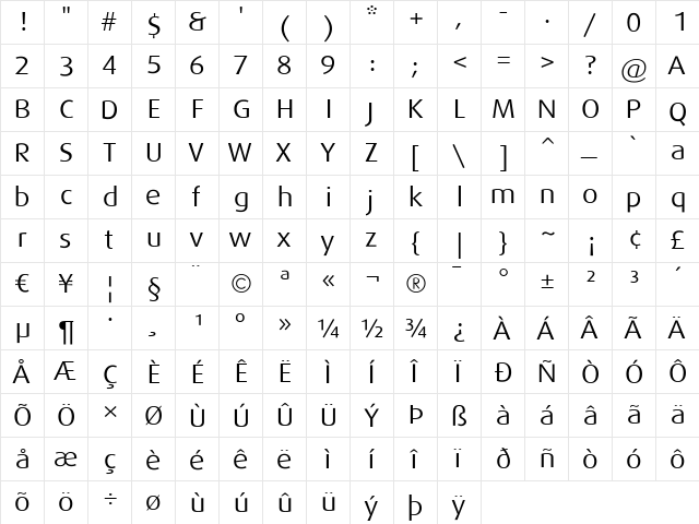 DaxWide Regular  glyph index